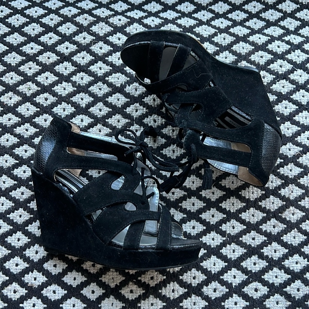 Lovely People black faux suede tie up wedge bootie